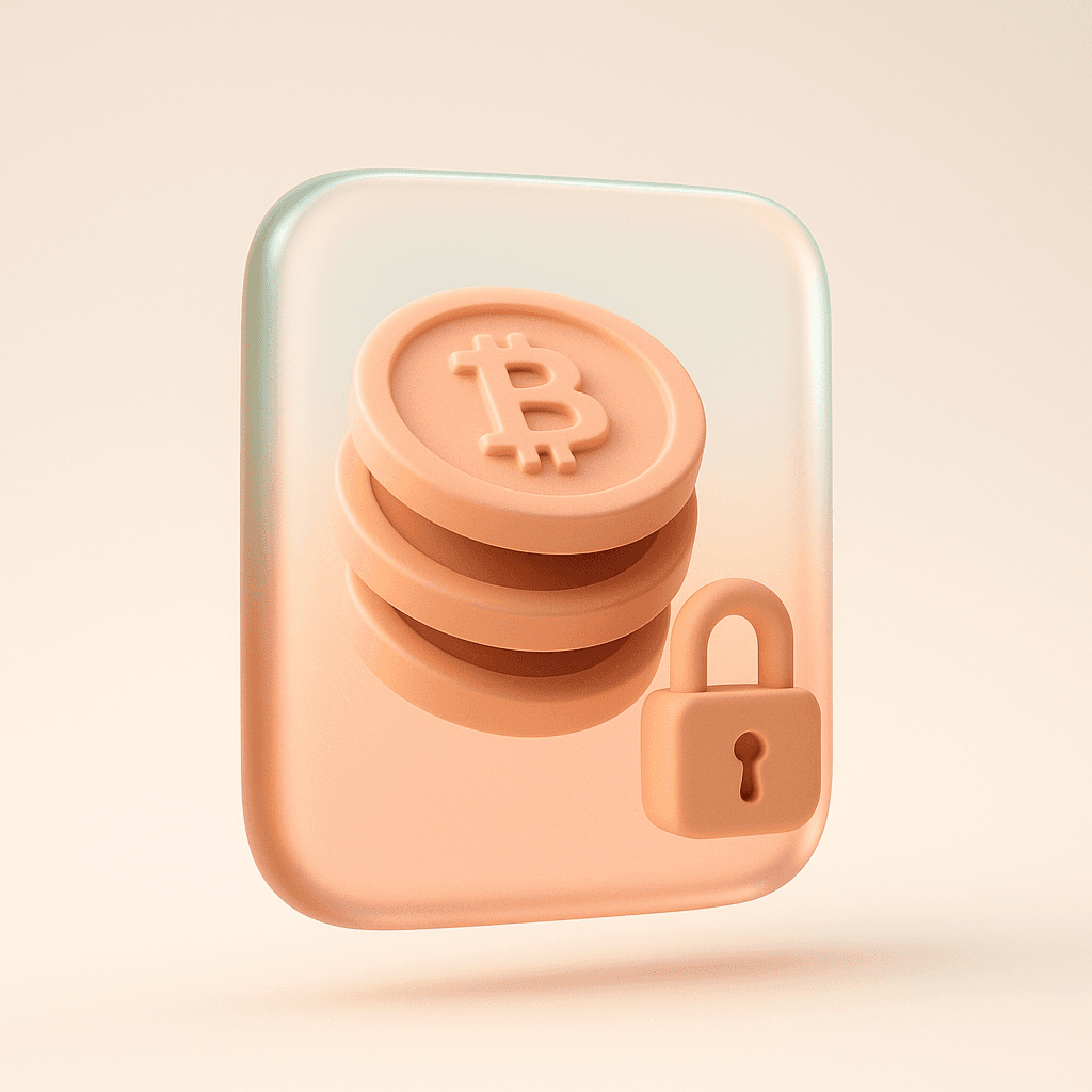 Glass crypto wallet card with stacked coins and a padlock